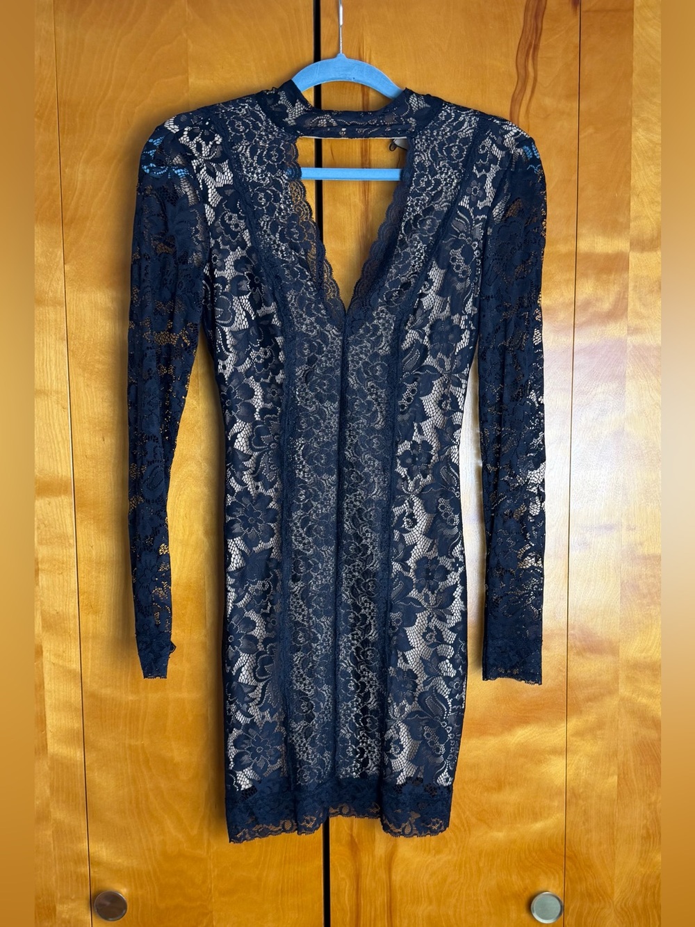 Bebe Black Lace Long-Sleeve V-Neck Bodycon Dress